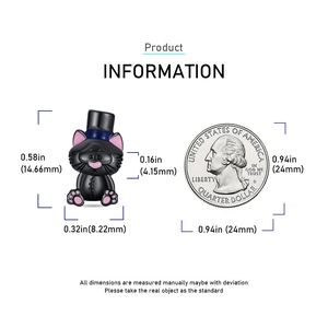 Size comparison of a gothic cat charm with a coin showing 14.66mm height and 8.22mm width