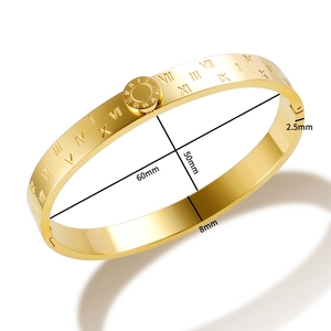 Detail view of 18K gold plated stainless steel bangle with Roman numerals and dimensions