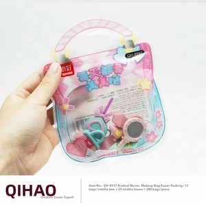 Cosmetic bag themed eraser set featuring cute makeup shapes in a transparent pouch