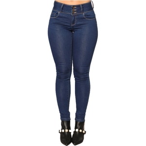 Détail d'un jean skinny bleu foncé à taille haute doté d'une fermeture à trois boutons