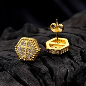 Iced out gold hexagon stud earring for men with cross design and sparkling zircons