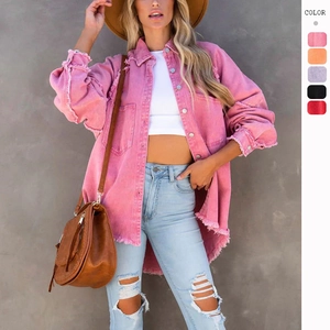 Damen Denim Jacke Ausgefranster Saum Distressed Oversized Langarm Casual Button Down Shacket Streetwear