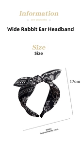 Close-up of paisley print bunny ear headband with 13cm width size specifications