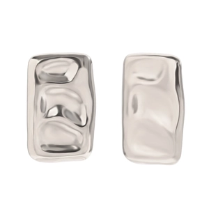 Modern rectangle silver earrings with wavy texture and metallic irregular finish
