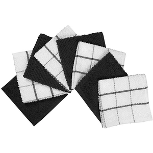 Detail of 8-piece black and white checkered cotton waffle weave kitchen towels set
