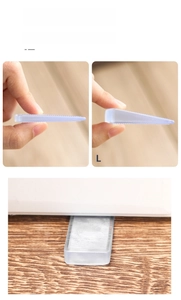 Detailed view of transparent anti-slip furniture leveling wedges in S and L sizes
