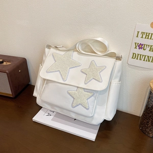 Messenger Bag With Star Plush Patches Nylon Fabric Crossbody Shoulder Bag Large Capacity Casual Trendy For Women