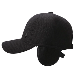 Men's winter baseball cap with ear flaps in black textured fabric for cold weather warmth