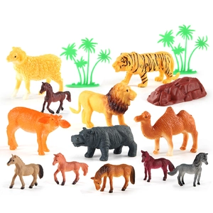 Realistic farm and wild animal toy set with trees and rocks on a clean white background