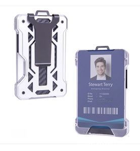 Minimalist silver aluminum RFID ID card holder with carbon fiber detail and metal back clip