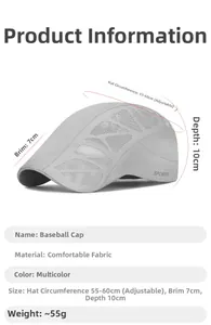 Detail of grey mesh duckbill cap showing adjustable 55-60cm circumference and size specs