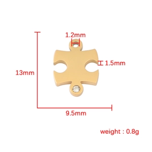 Gold stainless steel puzzle charm with small zircon and detailed size dimensions