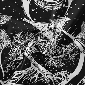 Detailed texture of black and white moth tapestry with moon and sun mystical patterns