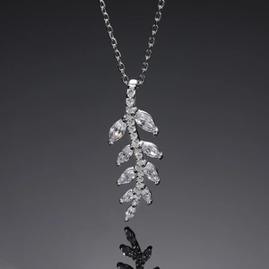 Elegant S925 sterling silver leaf pendant necklace with shimmering marquise cubic zirconia
