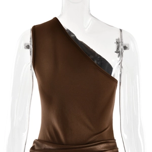 Detail of the high-elastic satin shoulder texture on this dark brown slim mermaid dress
