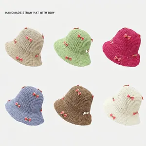 Chapeau Cloche En Paille De Papier D'été Avec Noeuds En Ruban Respirant Protection Solaire Vacances À La Plage