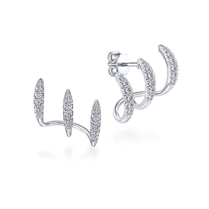 Minimalist silver curved triple-claw stud earrings with shimmering zircon pavé setting