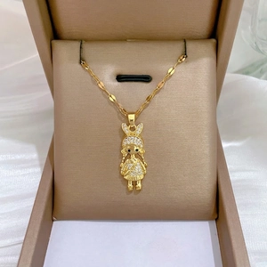 Cute Little Girl Pendant Necklace Stainless Steel Chain Copper Zirconia Inlaid Rabbit Ear Hat Elegant Jewelry For Women