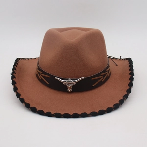 Brown western felt cowboy hat featuring silver bull head metal and black edge stitching
