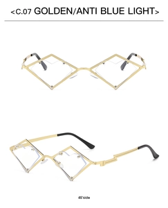 Detailed 45-degree side and front view of golden geometric rhombus anti-blue light glasses