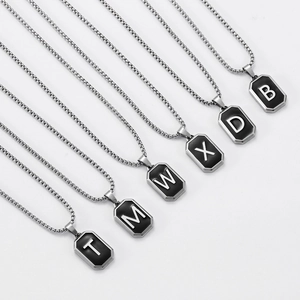 Men's fashion stainless steel necklace with black square initial letter pendants