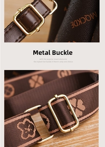 Detail of adjustable shoulder strap with vintage floral pattern and gold metal buckle