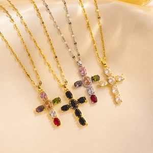 Cross Pendant Necklace Stainless Steel Copper Zircon Micro Pave Colorful Gemstone Hip Hop Elegant Jewelry For Women