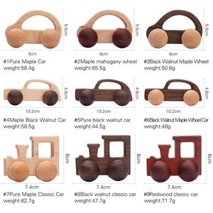 Detailed chart showing specifications of nine walnut and maple wood mini toy cars