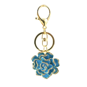 Exquisite gold metal keychain with a blue enamel rose pendant and small rhinestones