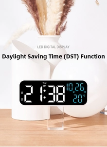 Close-up of LED digital clock display showing date, temperature, and DST status icon