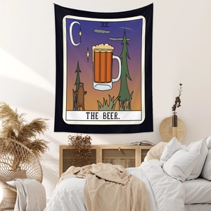 Close-up of Bohemian beer tarot tapestry on white bedroom wall with natural lighting