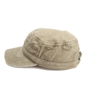 Detailed back view of vintage washed army cadet hat with metal buckle and stitching