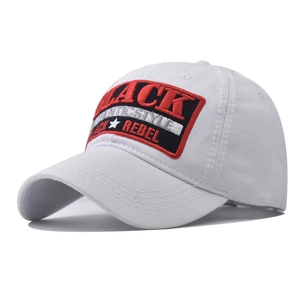 Close-up of white cotton baseball cap with red and black rebel embroidery patch
