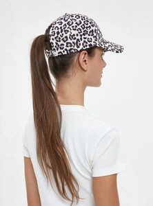 Detail of leopard print ponytail baseball cap with adjustable buckle and back opening