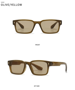 Front and side view of olive green acetate sunglasses with metal diamond rivets