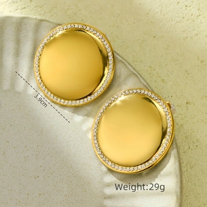 Detail view of 3.9cm gold plated stainless steel hoop earrings with crystal pavé rim