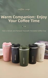 Five assorted matte stainless steel coffee mugs in various colors with flip lids and coffee logo