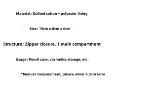 Detailed size and material specification chart for the floral quilted makeup and pencil bag