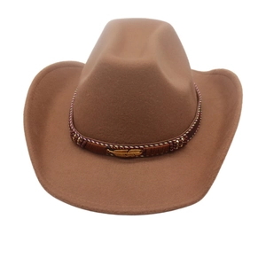 Close-up of brown felt cowboy hat with ethnic woven band and golden feather ornament
