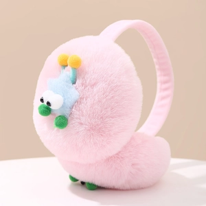Detail of pink plush winter earmuffs featuring cute cartoon stars and fluffy texture