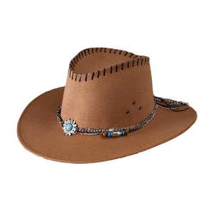 Brown vintage Western cowboy hat with turquoise metal buckle and woven band details