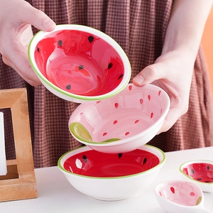 Handcrafted ceramic watermelon pattern bowls and spoons set for home dining decor