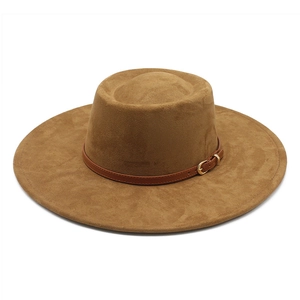 Brown faux suede flat brim fedora hat with elegant leather band and gold buckle detail