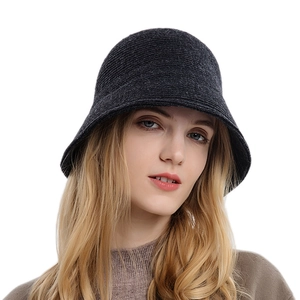 Chic dark gray knitted bucket hat for women with wool texture and minimalist autumn design
