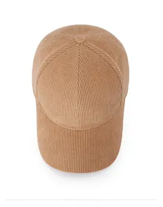 Top-down view of thick corduroy baseball cap in camel with white letter R embroidery