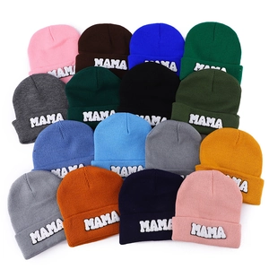 Knitted beanie collection featuring MAMA towel embroidery in various vibrant colors