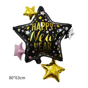 Ballon étoile Happy New Year en aluminium noir et doré pour décoration de fête 80x63cm