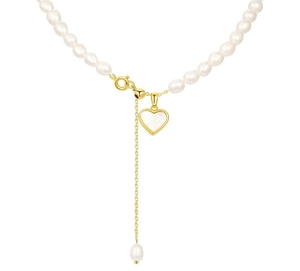 Detail of freshwater pearl necklace featuring a gold-edged heart shell pendant and adjustable chain