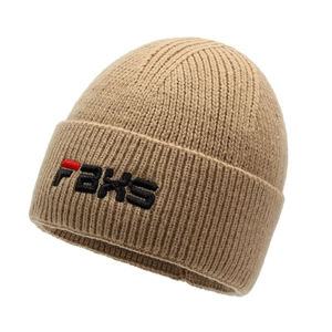 Khaki winter knit beanie hat with 3D FBKS embroidery for men and women