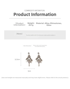 Detailed view showing dimensions 12.5cm by 5cm of rhinestone water drop tassel earrings